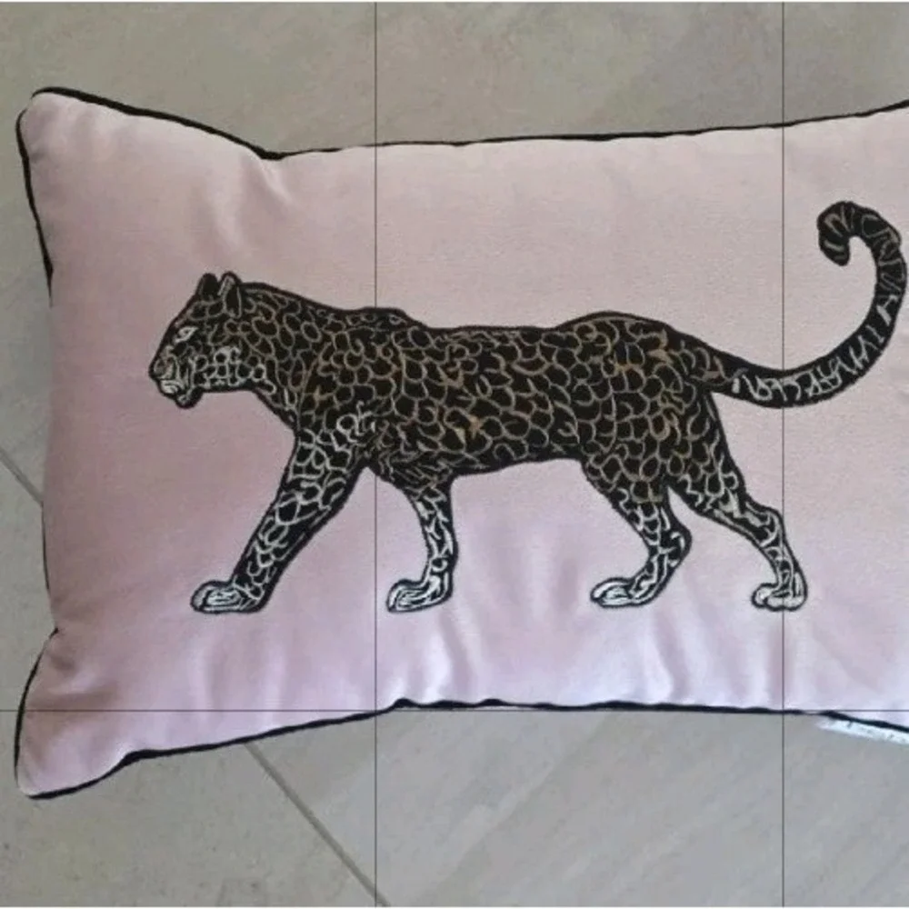Bebe Blush Pink Velvet Leopard Lumbar Pillow Embroidered Cheetah Boho Chic